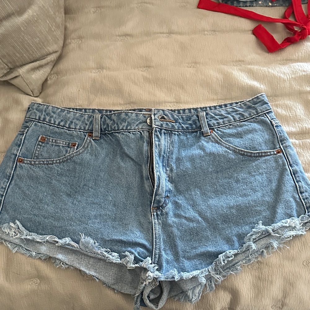Topshop Light Blue Frayed Jean Shorts